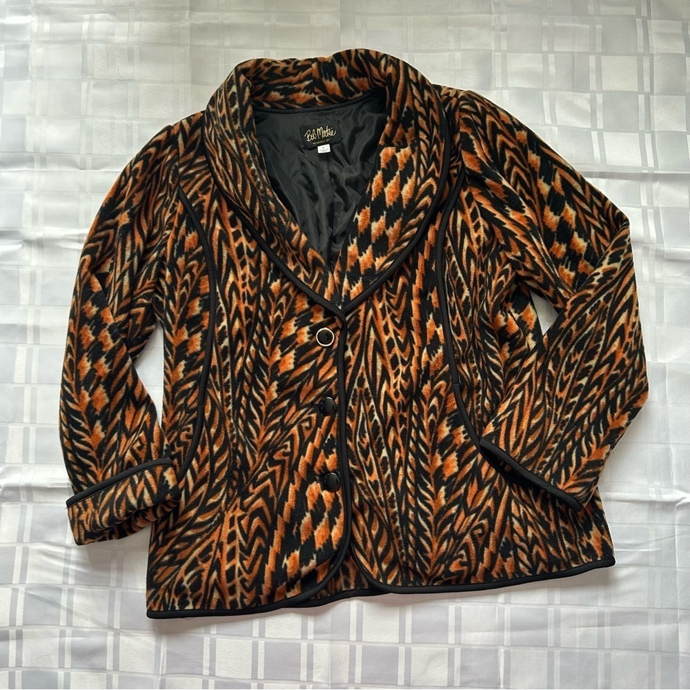 Bob Mackie Wearable Art Abstract Tiger Print Fleece Button Closure Jacket